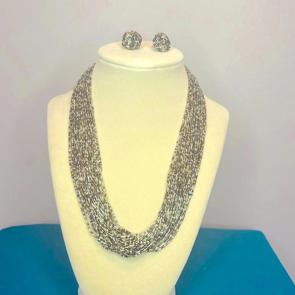 Vintage Silver and Black multi stranded Beaded Necklace with matching Earrings - Picture 1 of 4